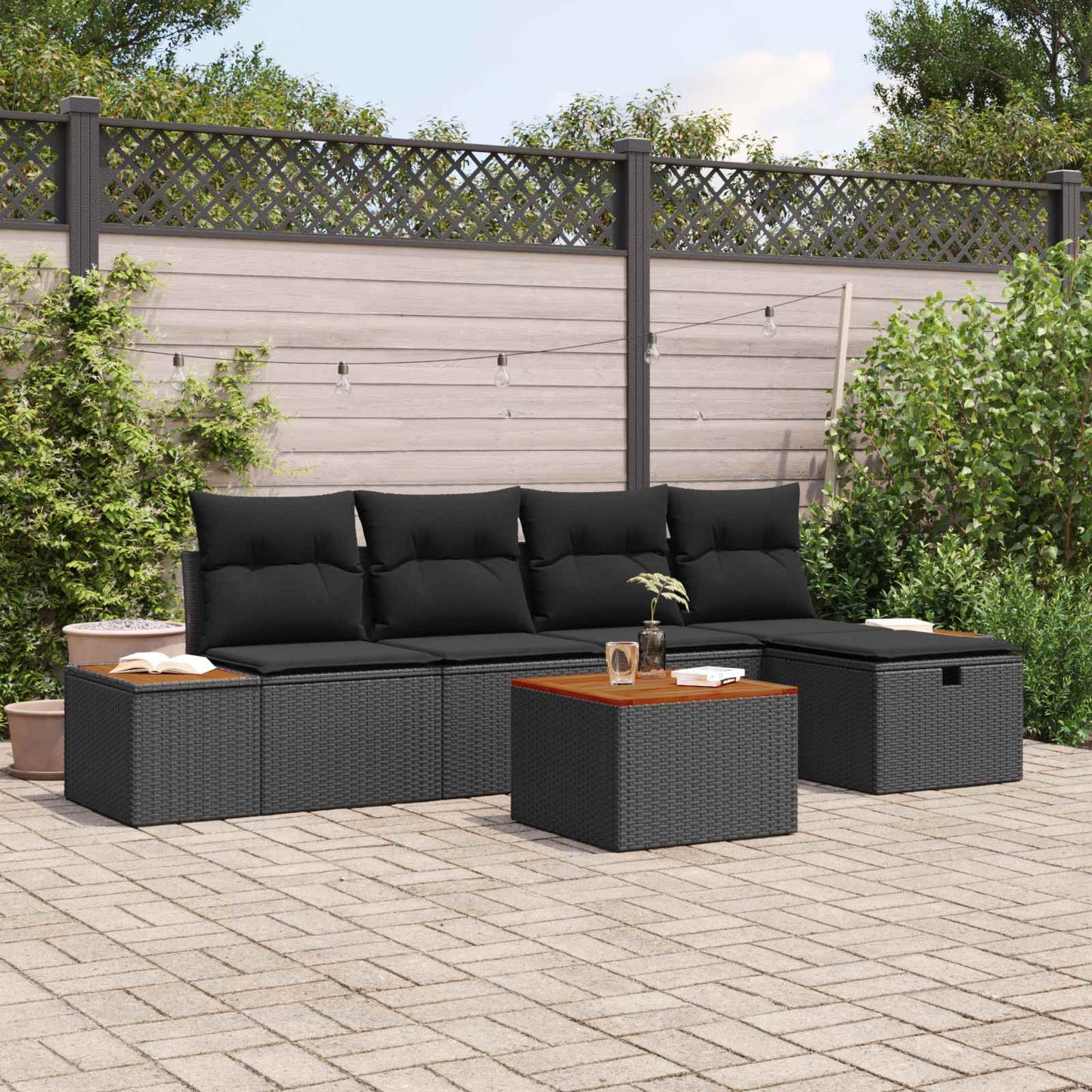 Havesofa Sæt med pude 6 pcs Sort Poly rattan