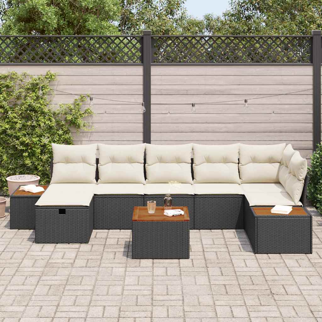 Havesofa Sæt med pude 8 pcs Sort Poly rattan