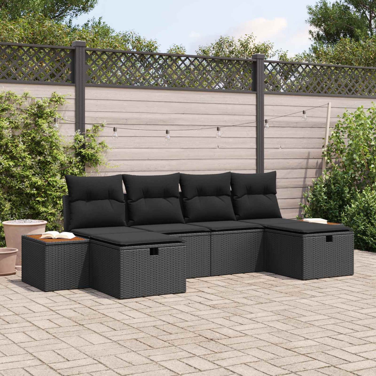 Havesofa Sæt med pude 6 pcs Sort 55 x 62 x 69 cm Poly rattan