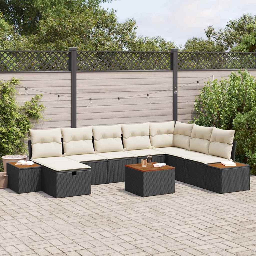 Havesofa Sæt med pude 9 pcs Sort Poly rattan