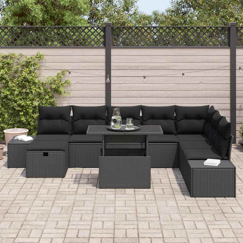 Havesofa Sæt 9 pcs Sort polyrattan