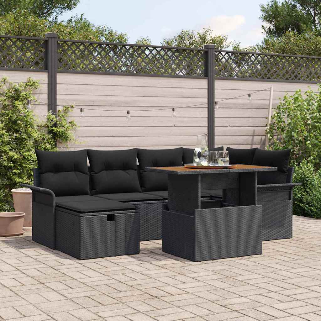 Havesofa Sæt 7 pcs Sort polyrattan