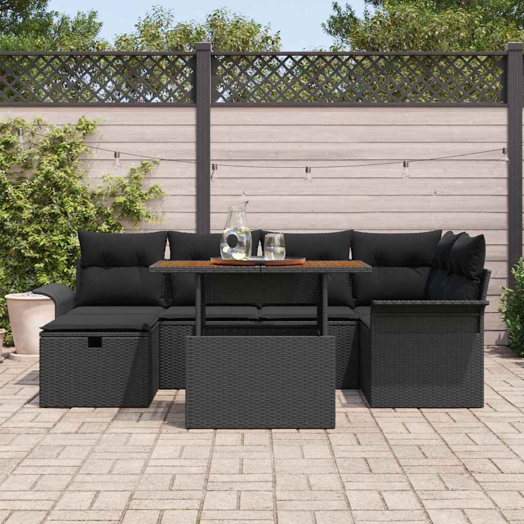 Havesofa Sæt 7 pcs Sort polyrattan