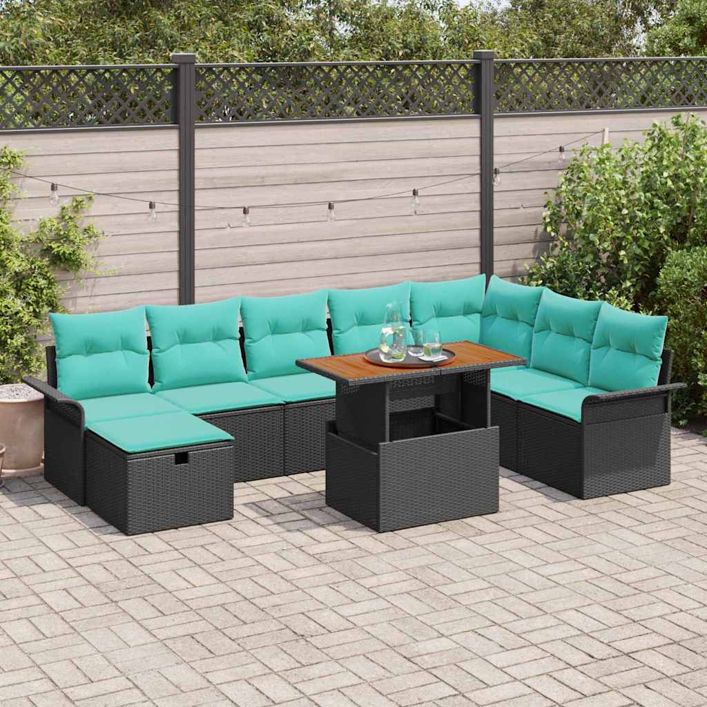 Havesofa Sæt 9 pcs Sort polyrattan