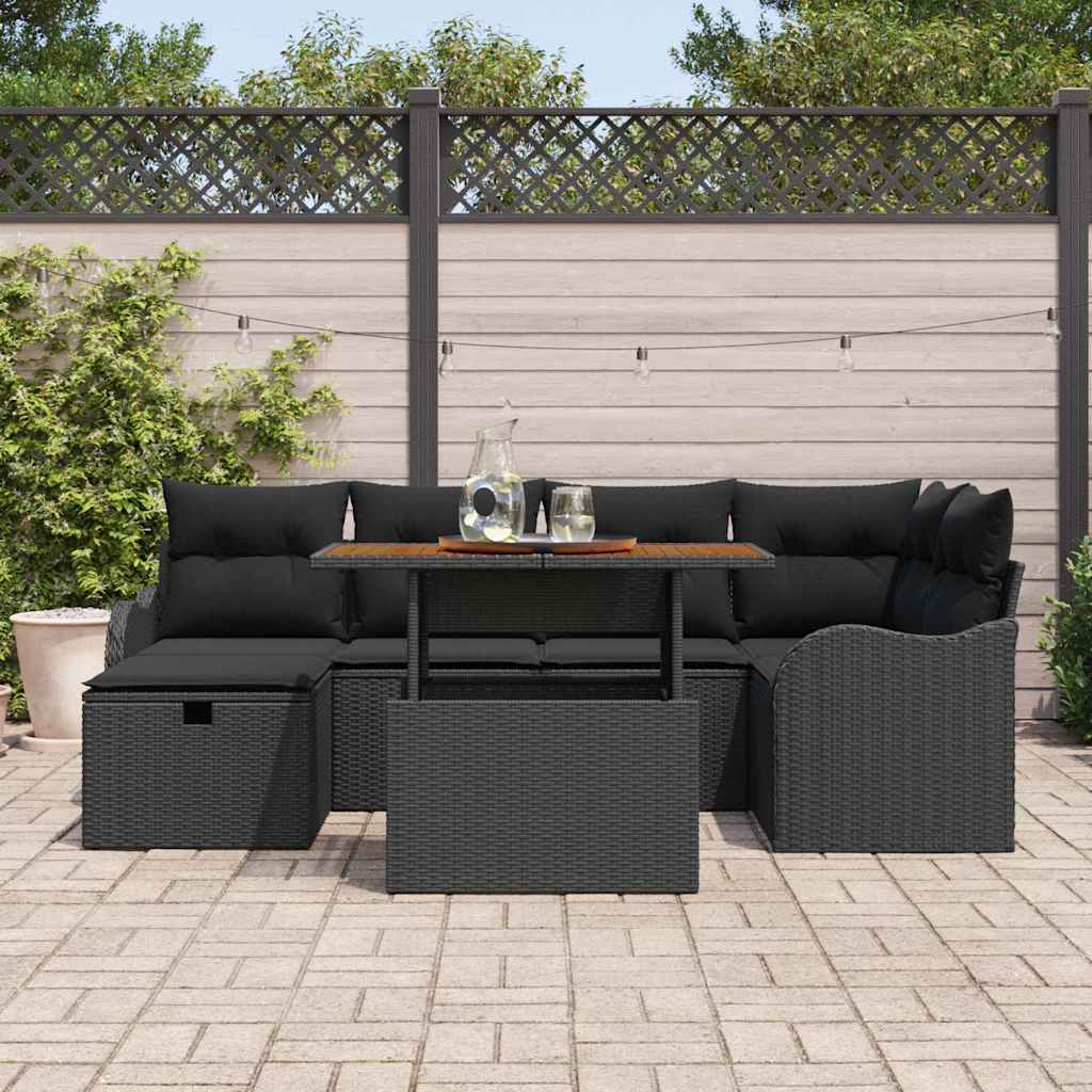 Havesofa Sæt 7 pcs Sort polyrattan