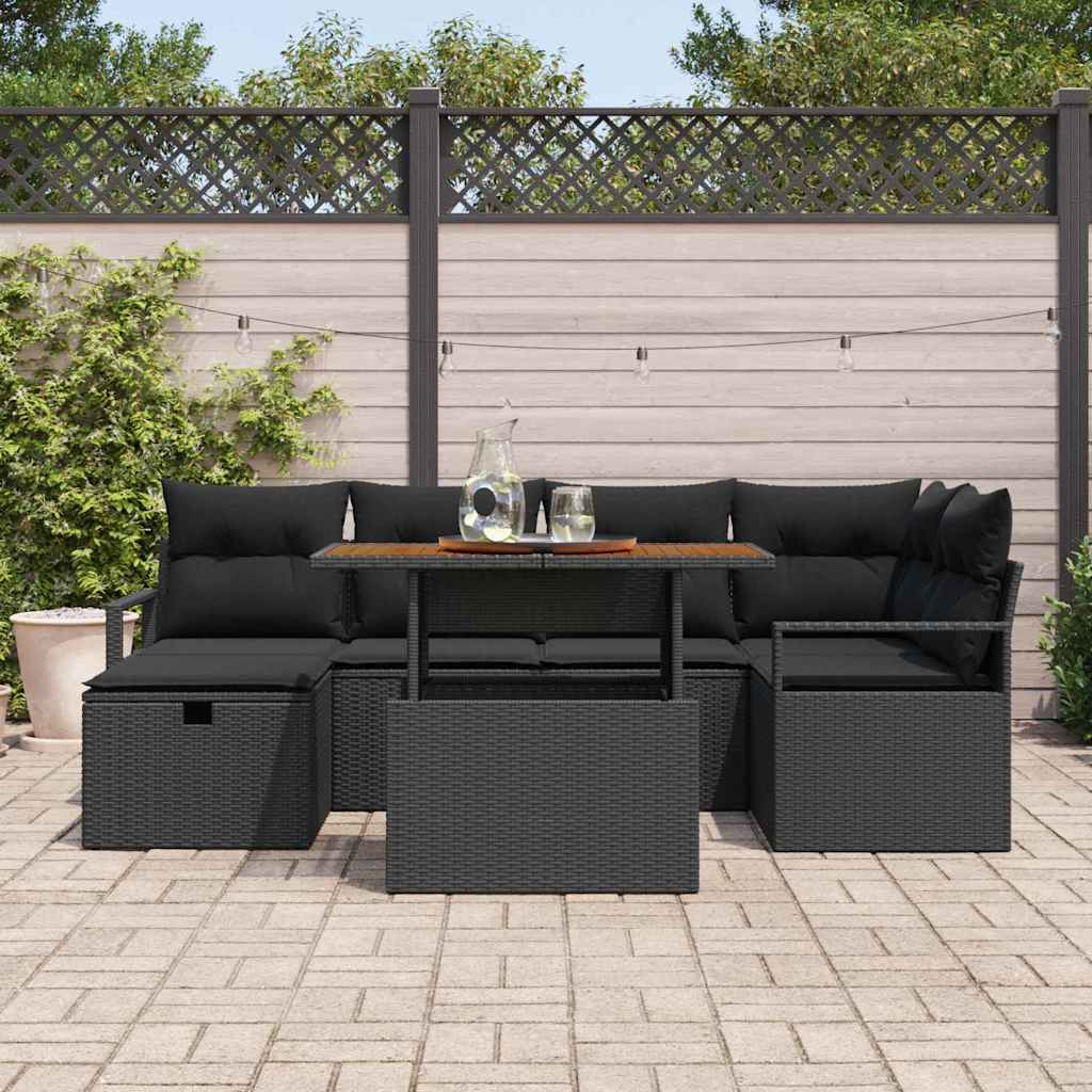 Havesofa Sæt 7 pcs Sort polyrattan