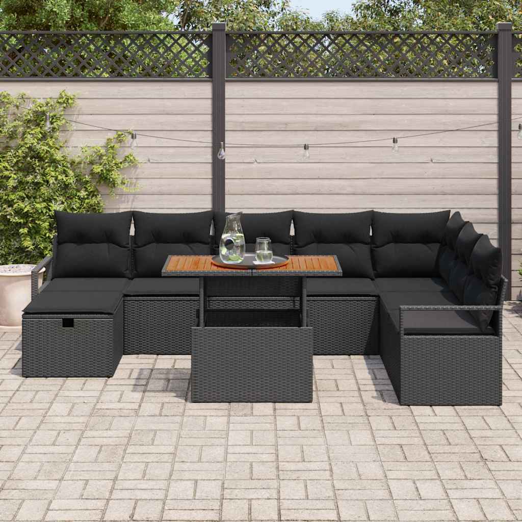Havesofa Sæt 9 pcs Sort polyrattan