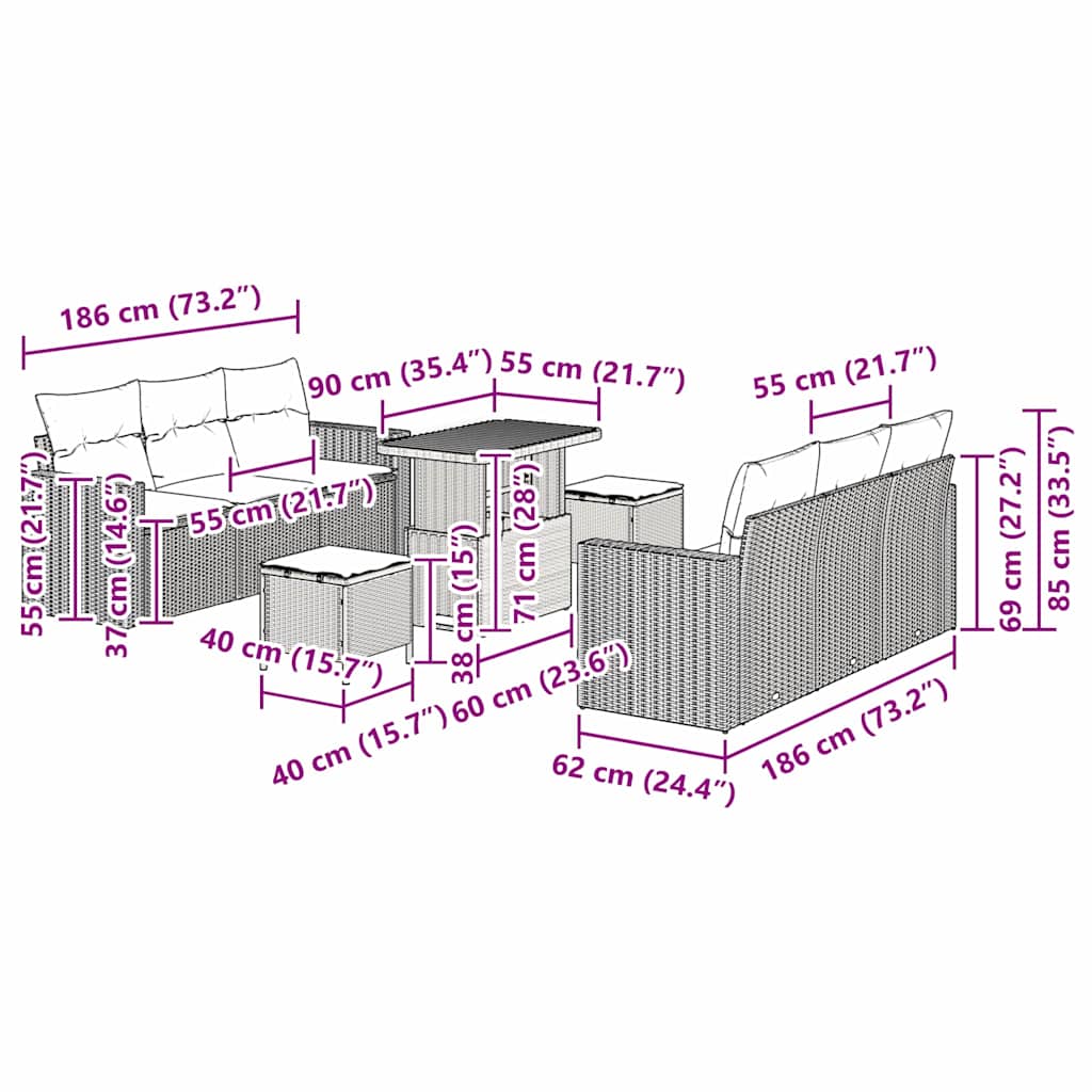 Havesofa Sæt 9 pcs Beige polyrattan
