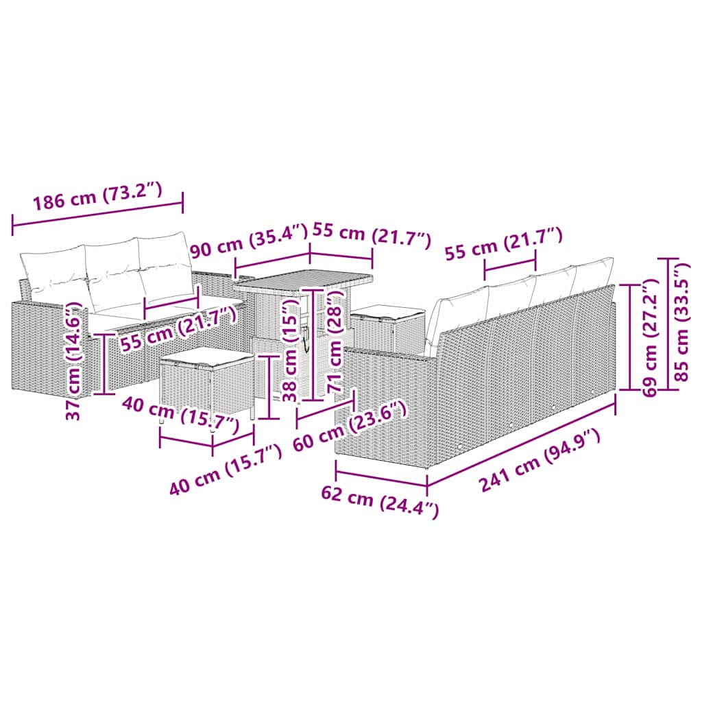 Havesofa Sæt 10 pcs Sort polyrattan