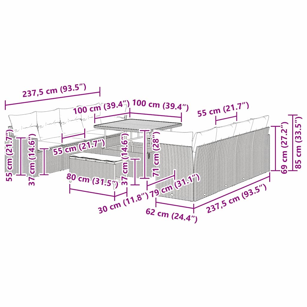 Havesofa Sæt 11 pcs Sort polyrattan