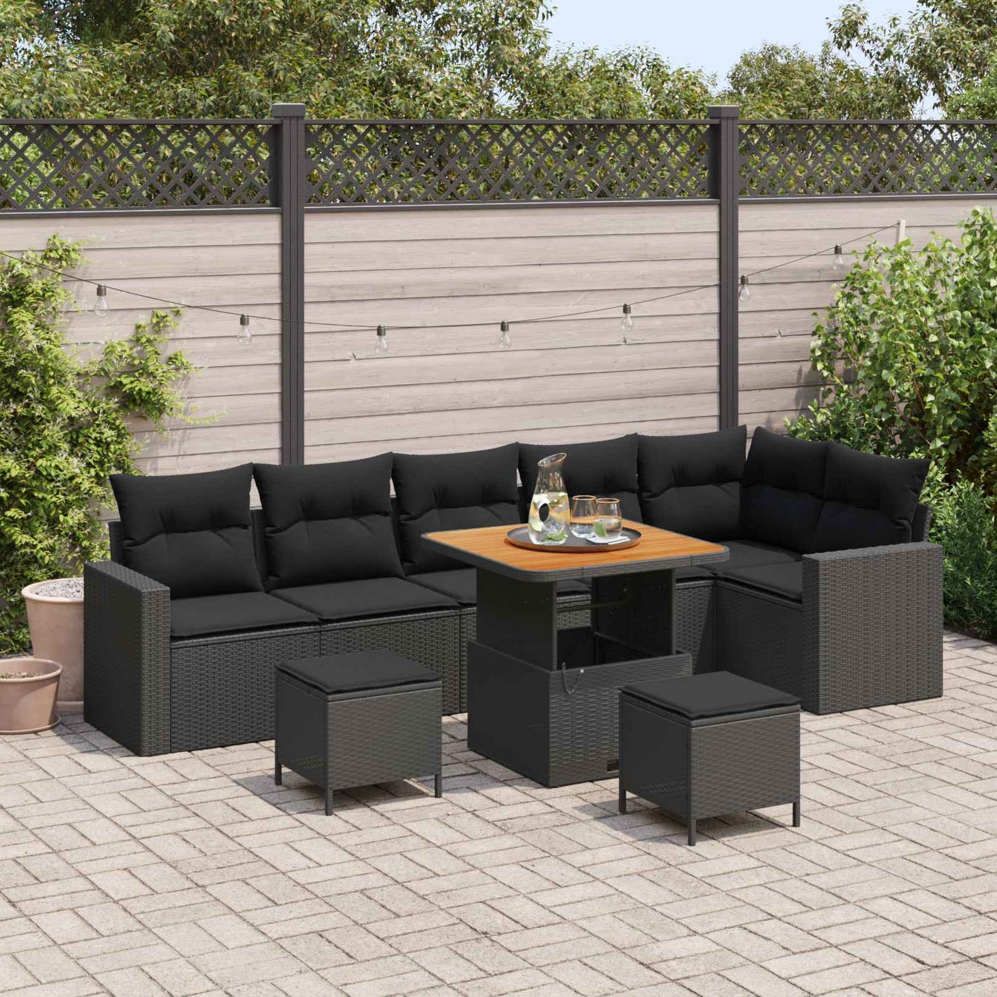 Havesofa Sæt 9 pcs Sort polyrattan