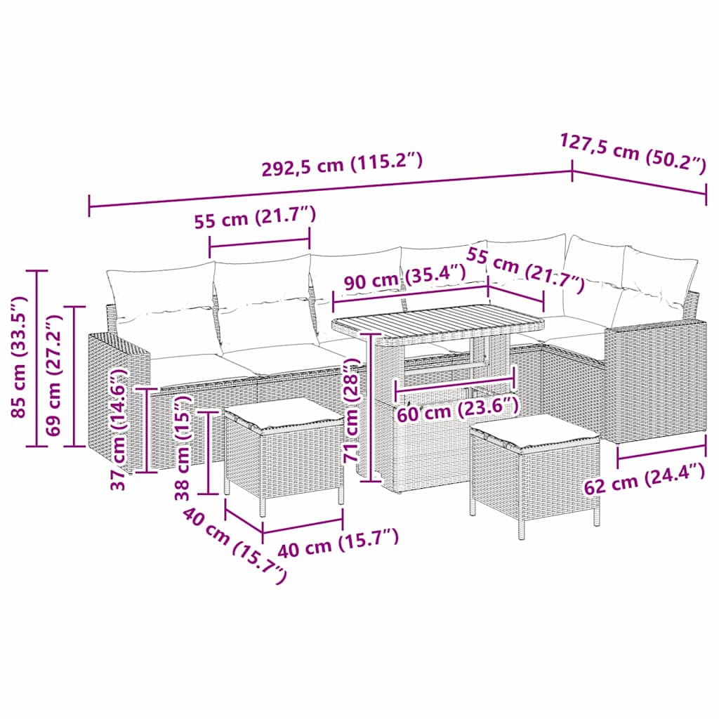 Havesofa Sæt 9 pcs Beige polyrattan