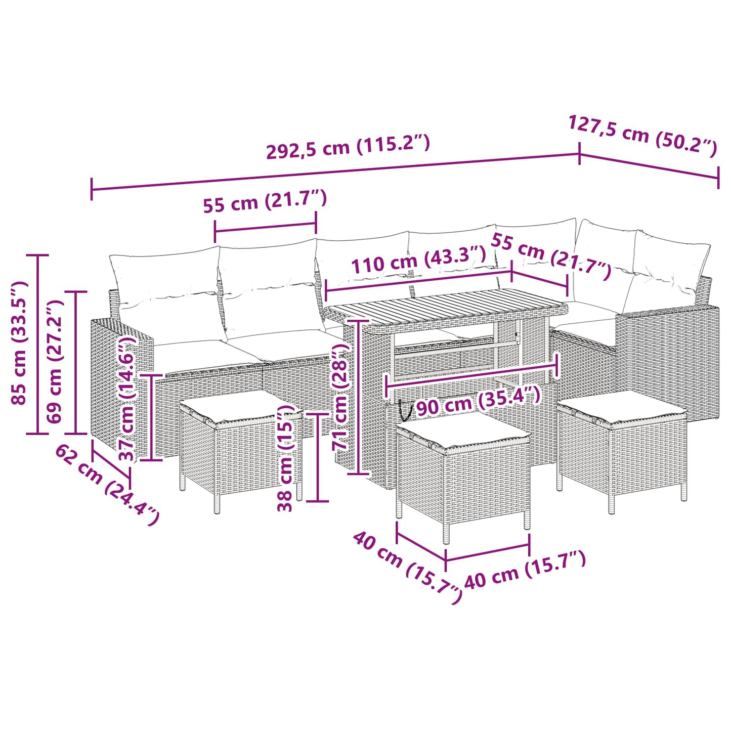 Havesofa Sæt 10 pcs Sort polyrattan