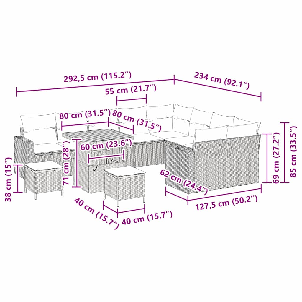 Havesofa Sæt 12 pcs Sort polyrattan