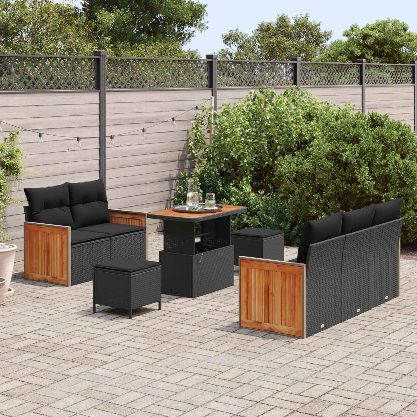 Havesofa Sæt 8 pcs Sort Poly Rattan og pulverlakeret stål
