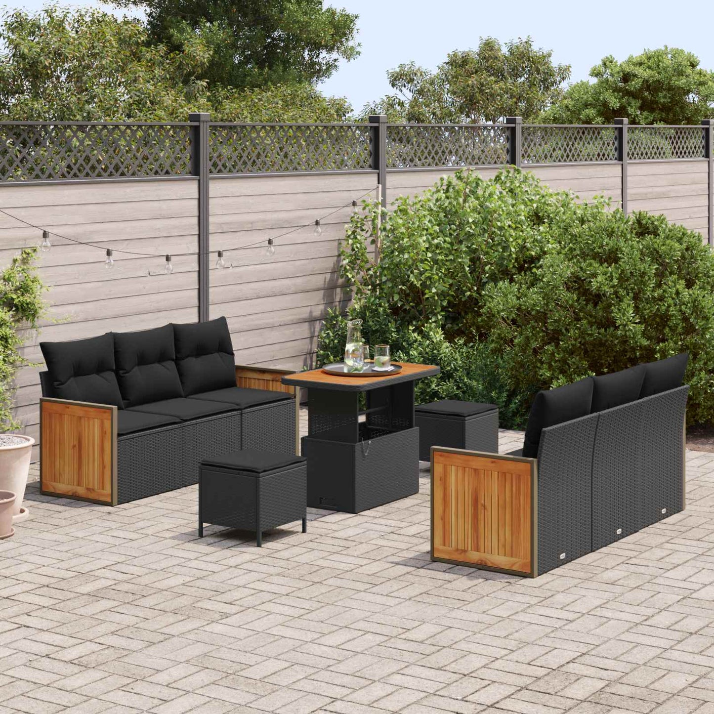 Havesofa Sæt 9 pcs Sort Poly Rattan og pulverlakeret stål