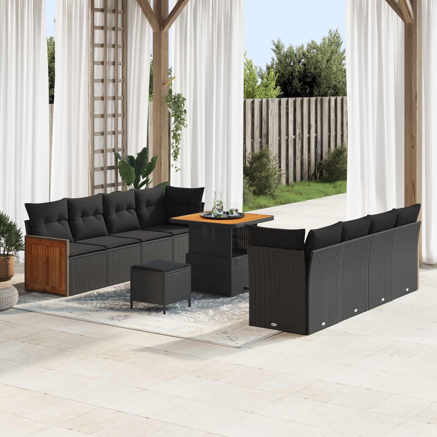Havesofa Sæt 11 pcs Sort Poly Rattan og pulverlakeret stål