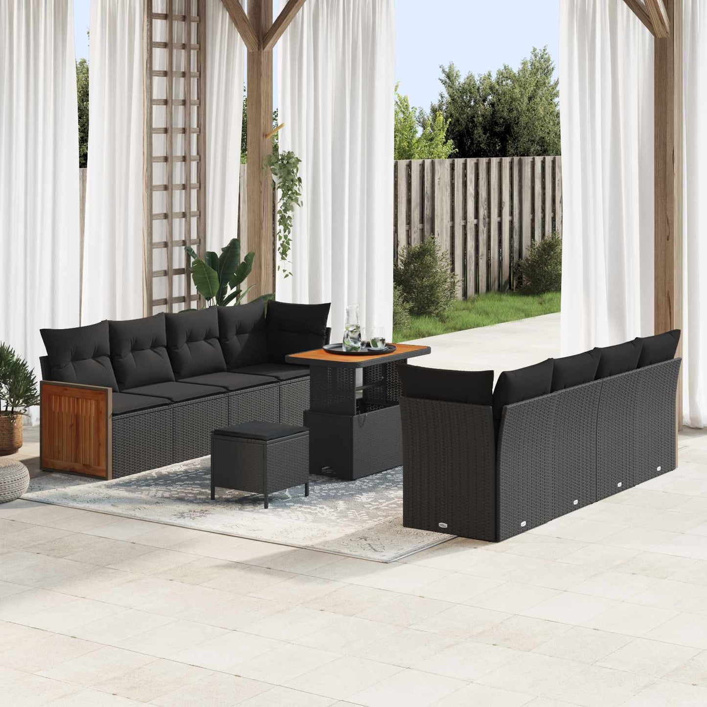 Havesofa Sæt 11 pcs Sort Poly Rattan og pulverlakeret stål