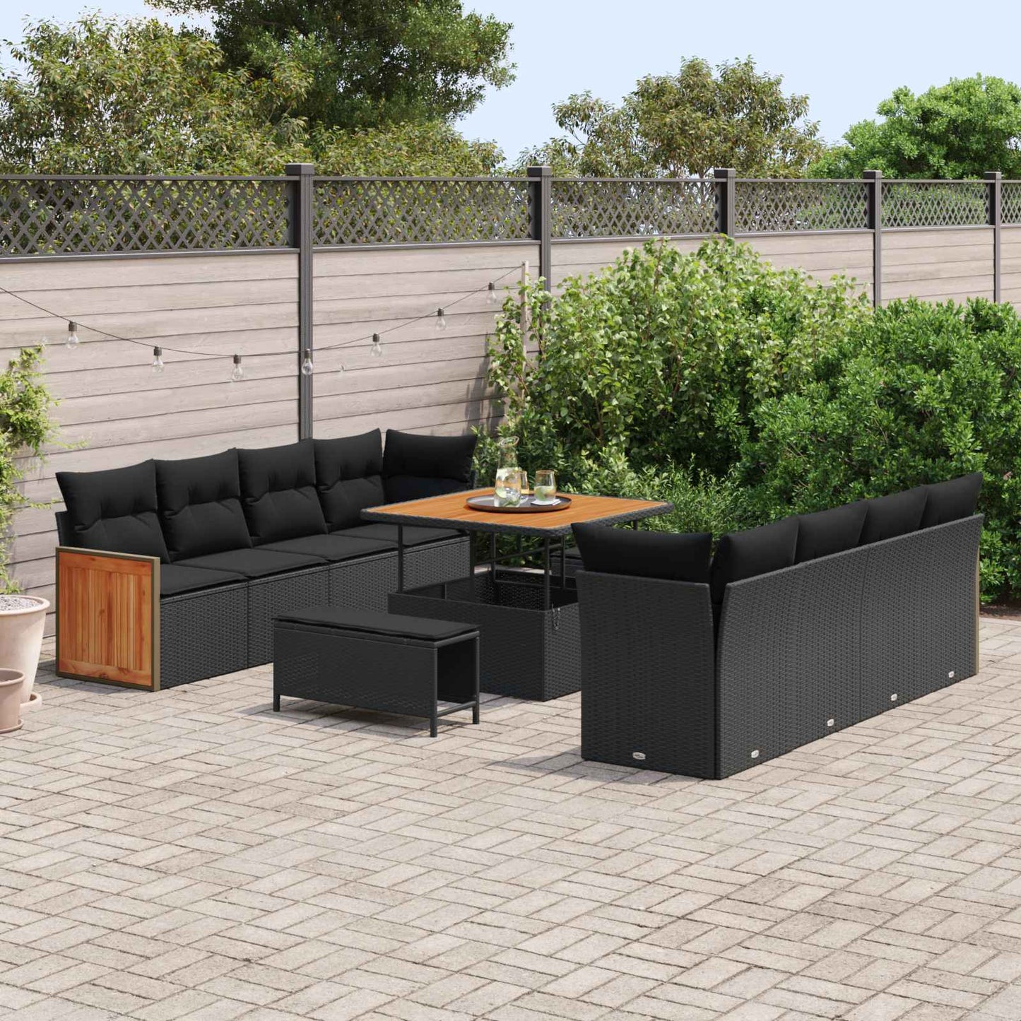 Havesofa Sæt 11 pcs Sort Poly Rattan og pulverlakeret stål
