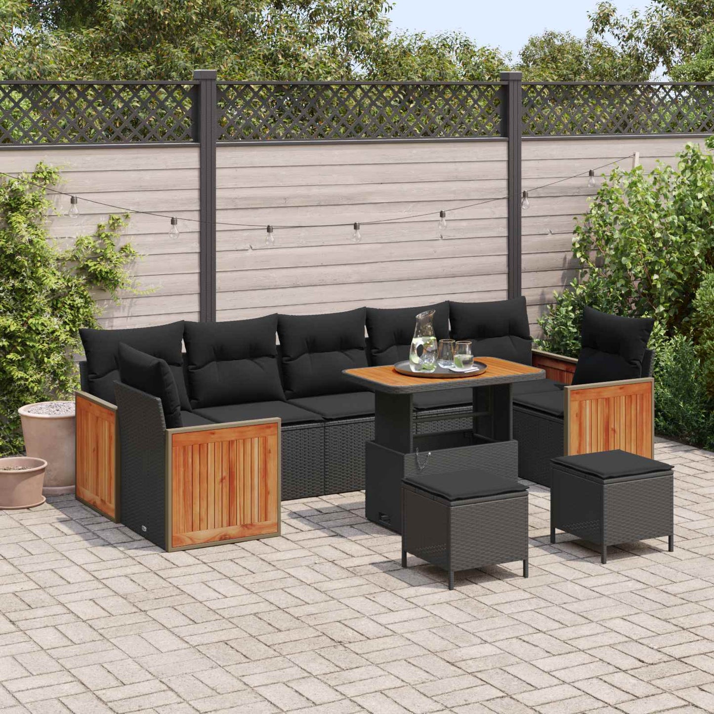 Havesofa Sæt 10 pcs Sort Poly Rattan og pulverlakeret stål