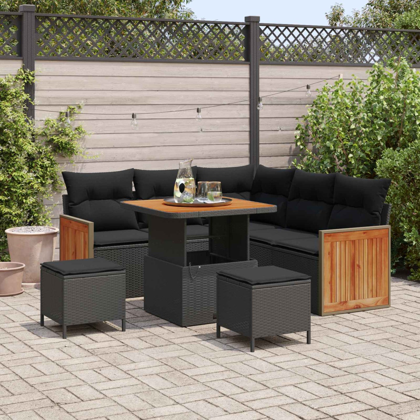 Havesofa Sæt 8 pcs Sort Poly Rattan og pulverlakeret stål
