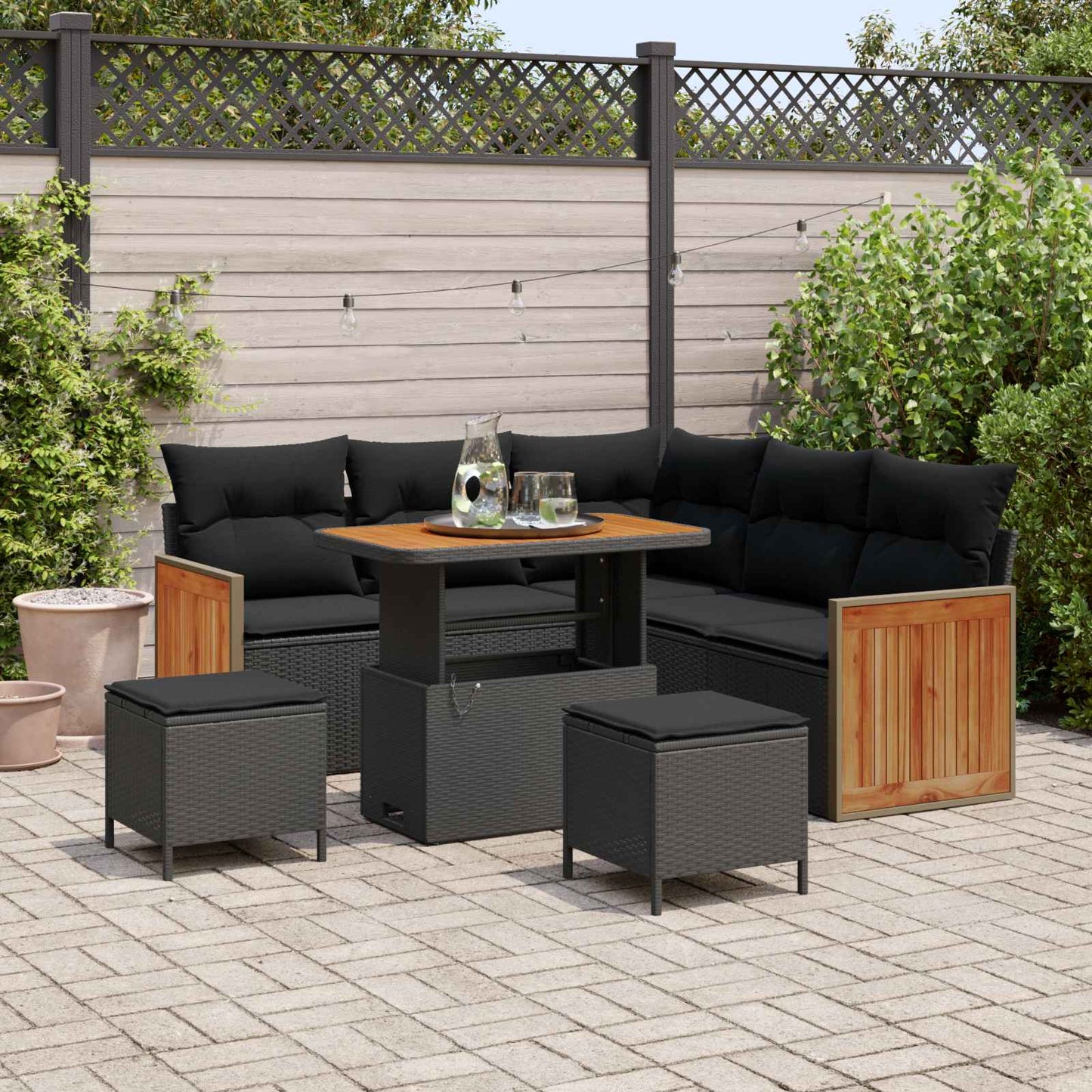 Havesofa Sæt 8 pcs Sort Poly Rattan og pulverlakeret stål
