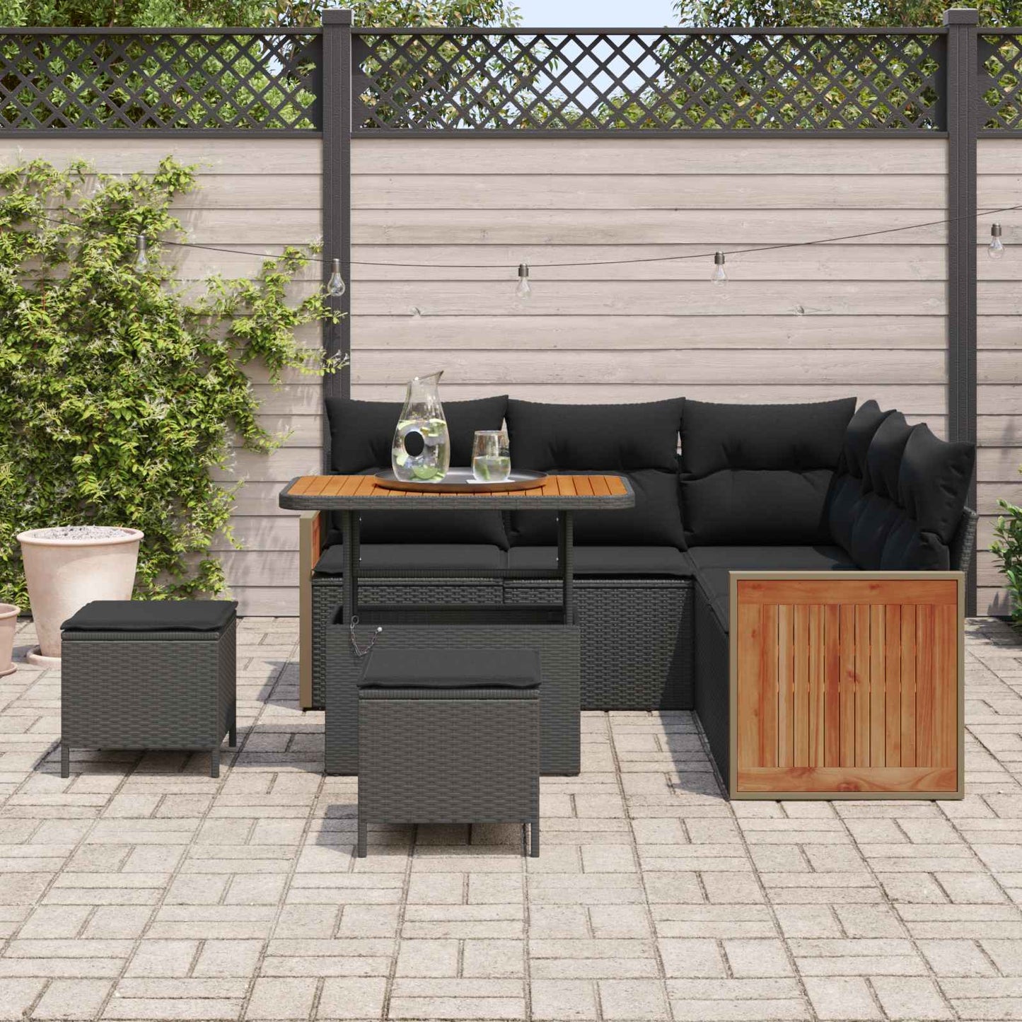 Havesofa Sæt 8 pcs Sort Poly Rattan og pulverlakeret stål