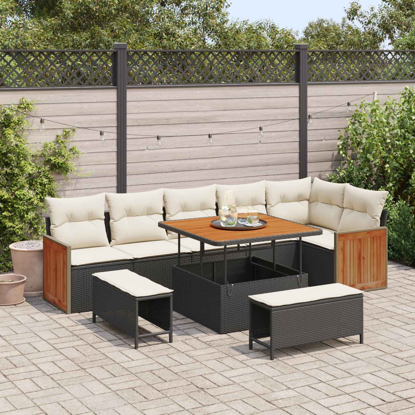 Havesofa Sæt med pude 9 pcs Sort og Cream