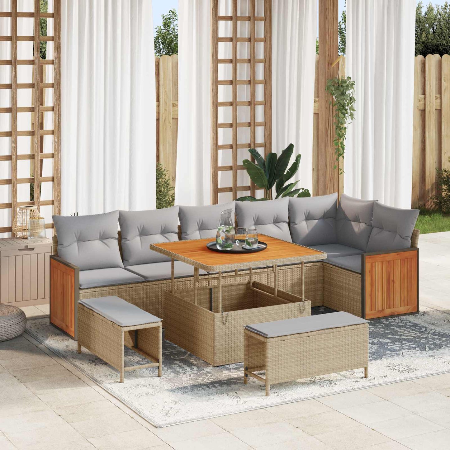 Havesofa Sæt med pude 9 pcs Beige og lys grå