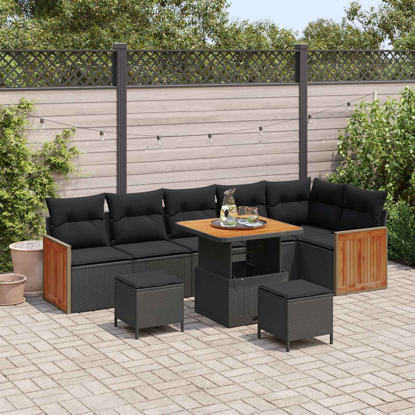 Havesofa Sæt 9 pcs Sort Poly Rattan og pulverlakeret stål