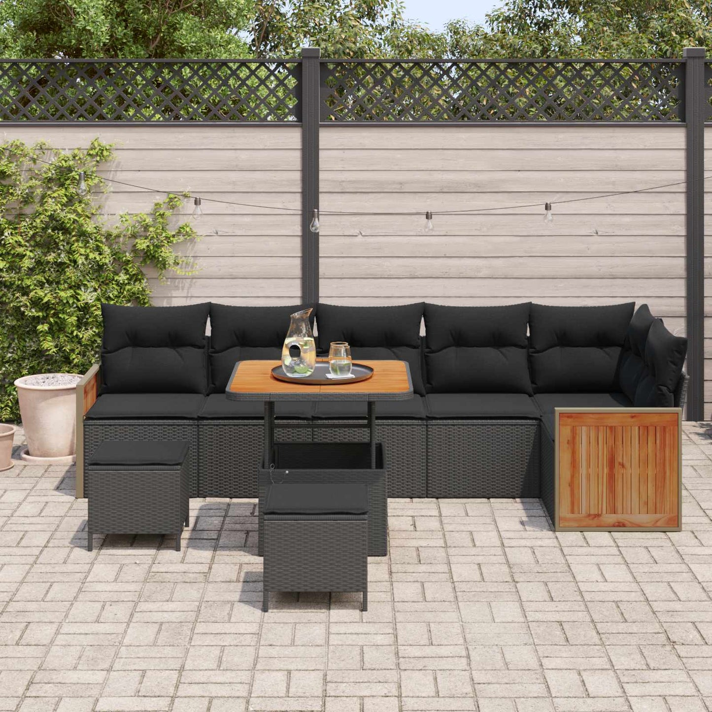 Havesofa Sæt 9 pcs Sort Poly Rattan og pulverlakeret stål