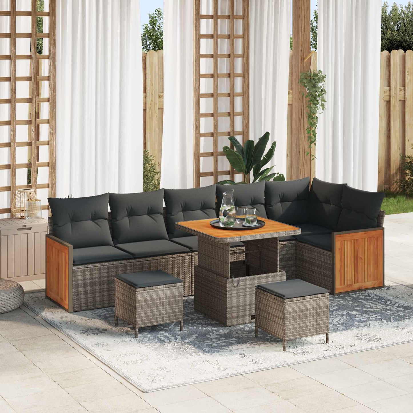 Havesofa Sæt 9 pcs Grå Poly Rattan og pulverlakeret stål