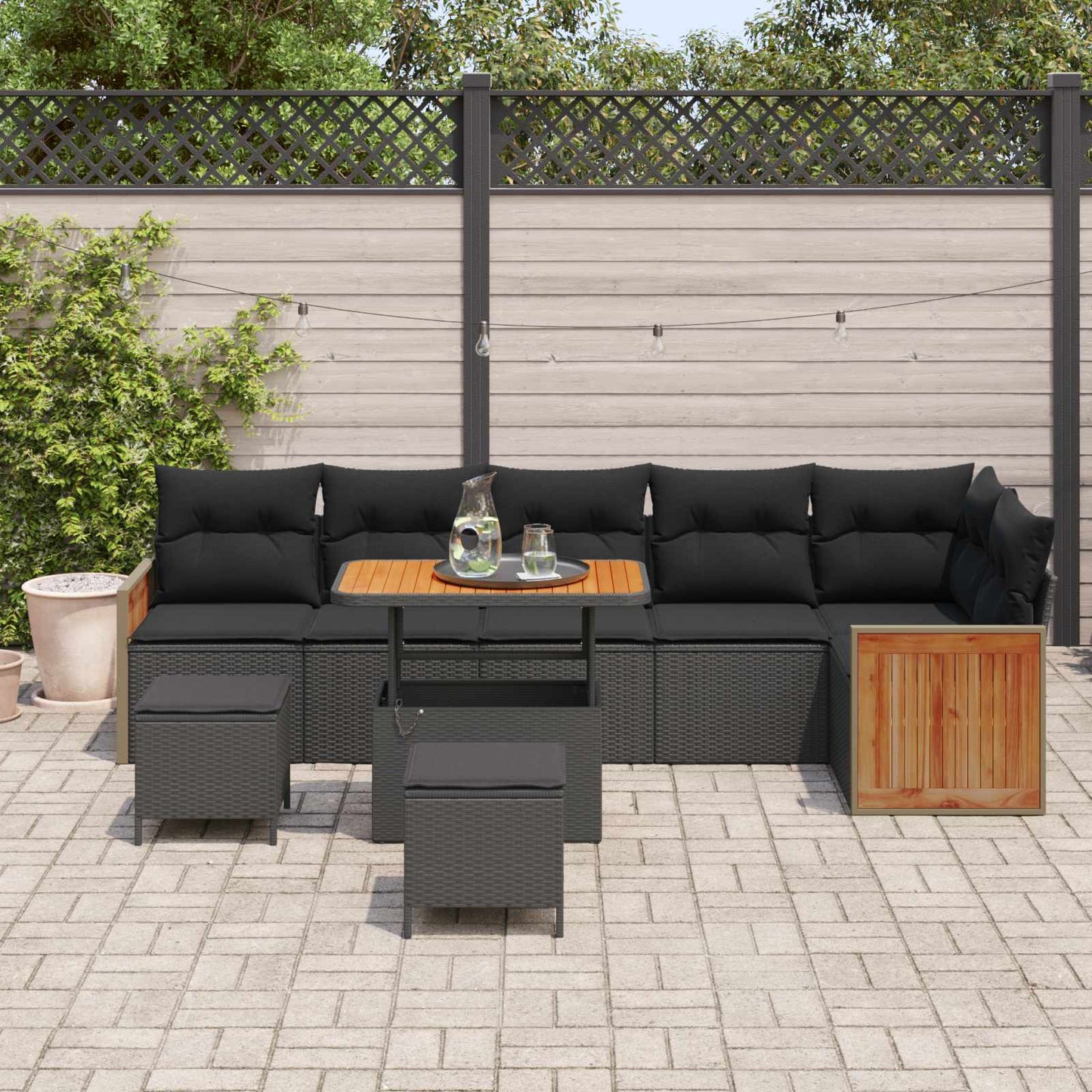 Havesofa Sæt 9 pcs Sort Poly Rattan og pulverlakeret stål
