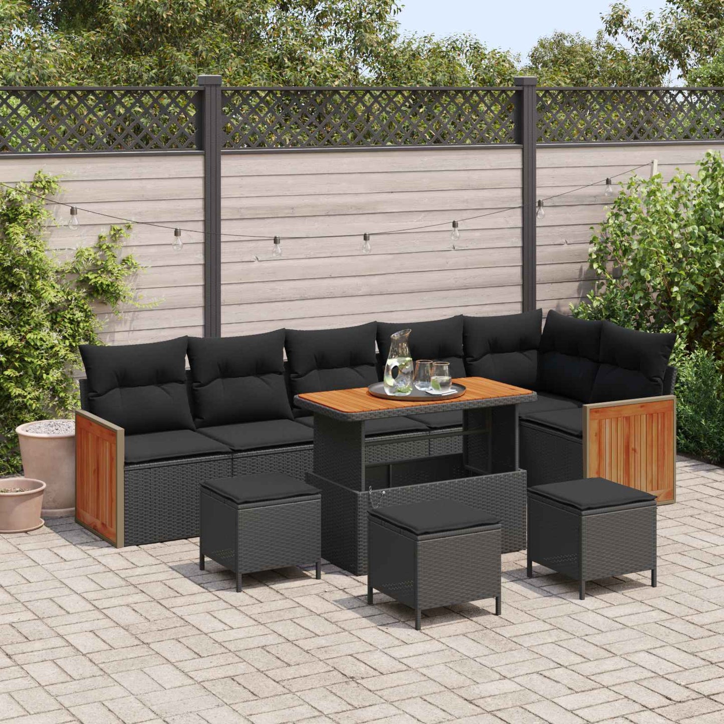 Havesofa Sæt 10 pcs Sort Poly Rattan og pulverlakeret stål