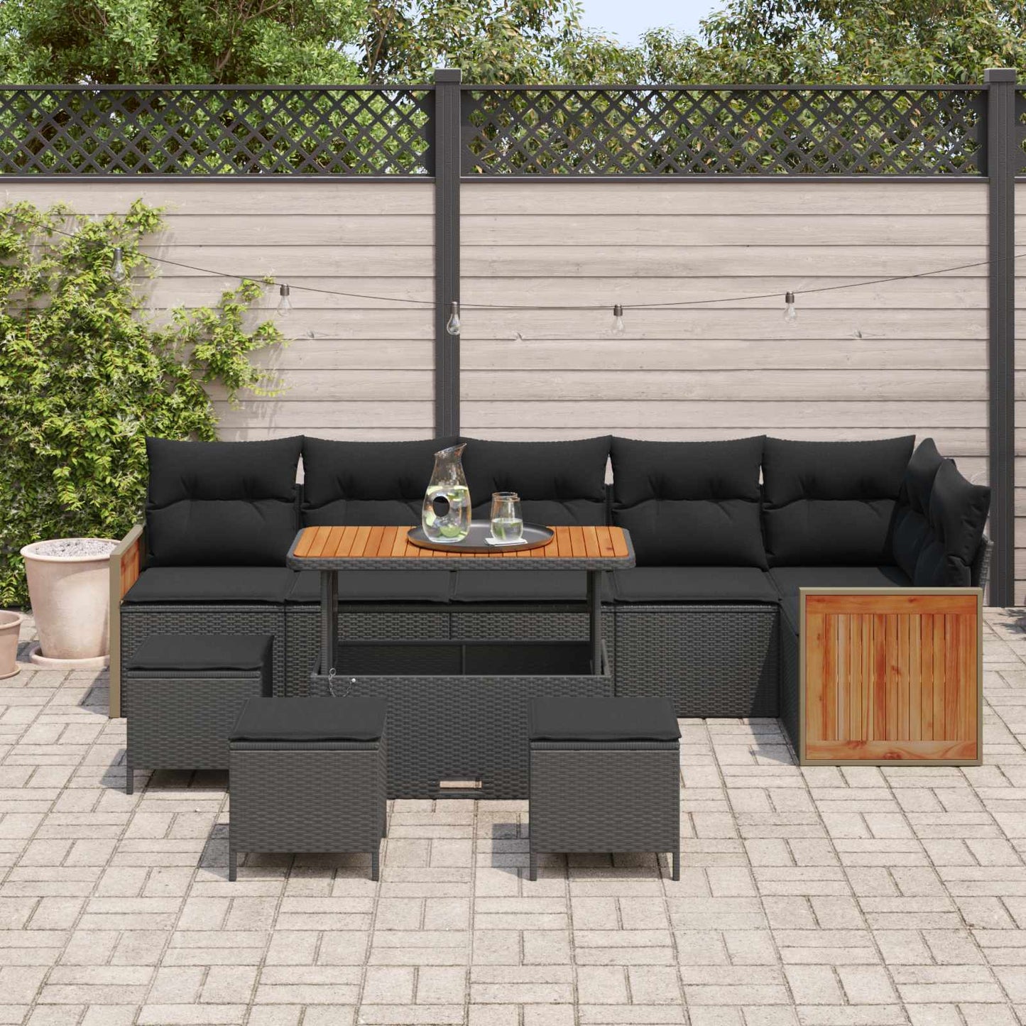 Havesofa Sæt 10 pcs Sort Poly Rattan og pulverlakeret stål