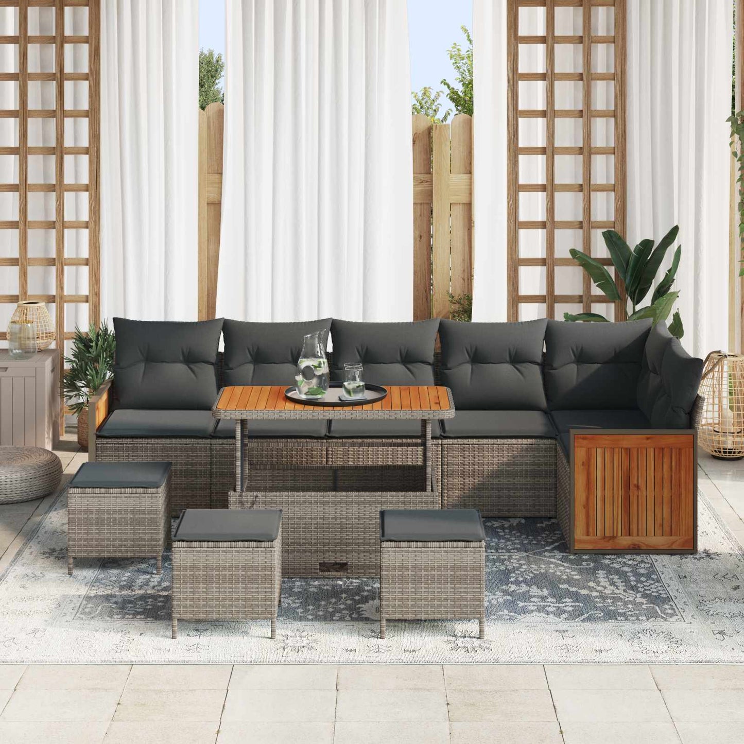Havesofa Sæt 10 pcs Grå Poly Rattan og pulverlakeret stål