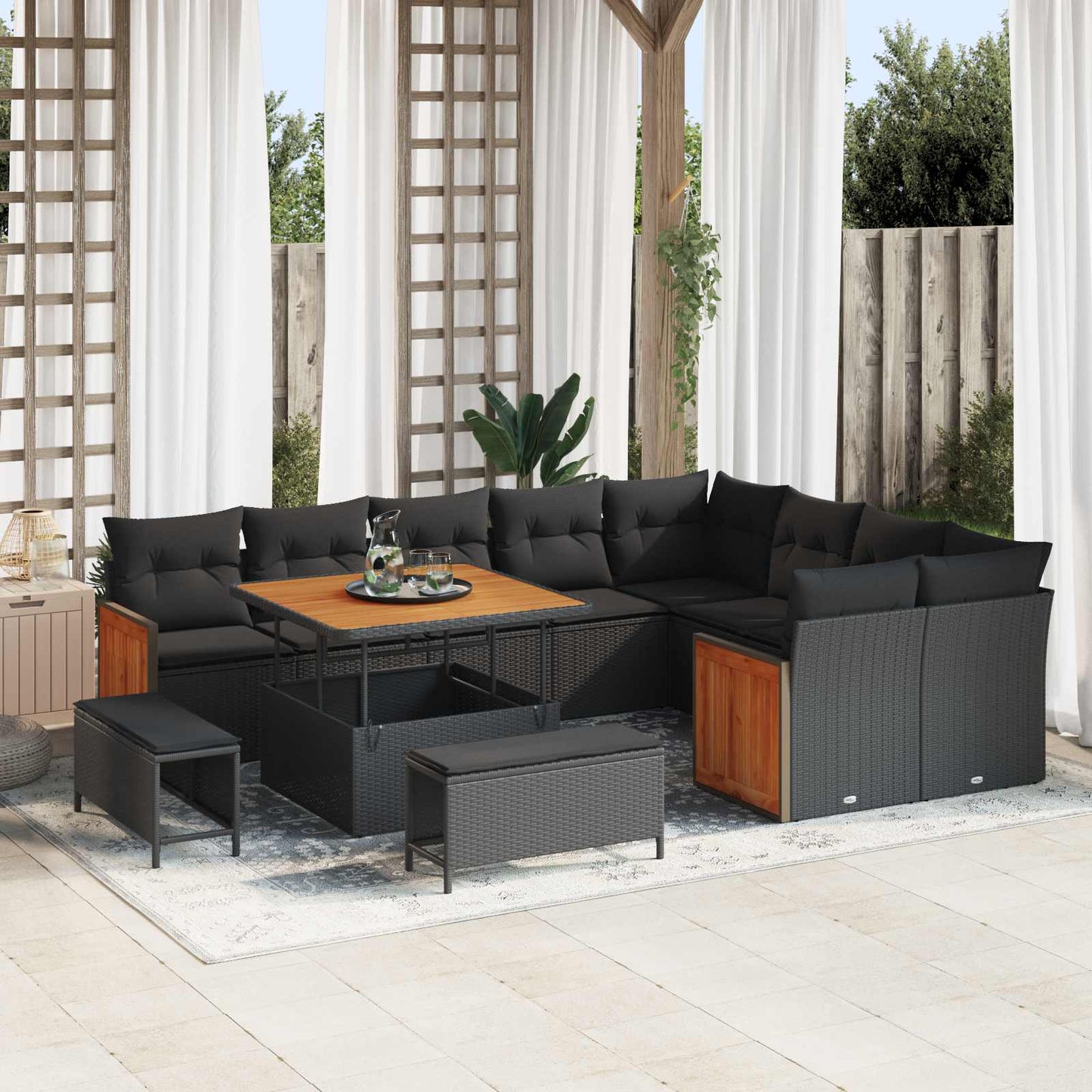 Havesofa Sæt 12 pcs Sort Poly Rattan og pulverlakeret stål