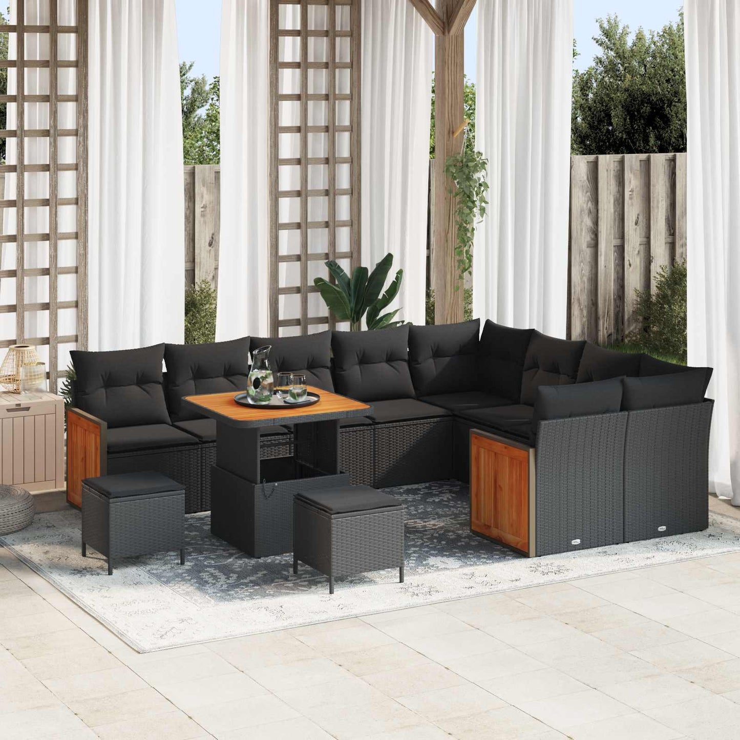 Havesofa Sæt 12 pcs Sort Poly Rattan og pulverlakeret stål