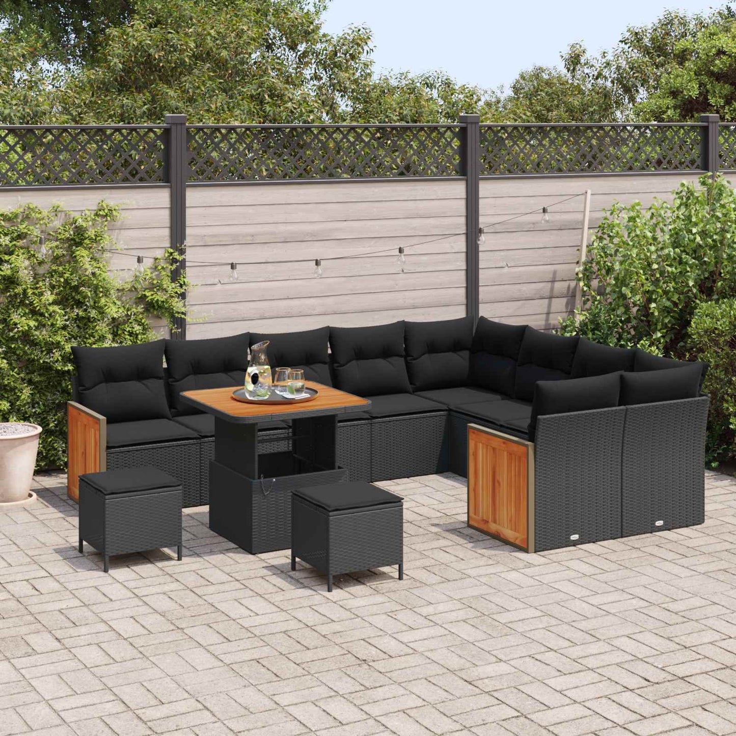 Havesofa Sæt 12 pcs Sort Poly Rattan og pulverlakeret stål