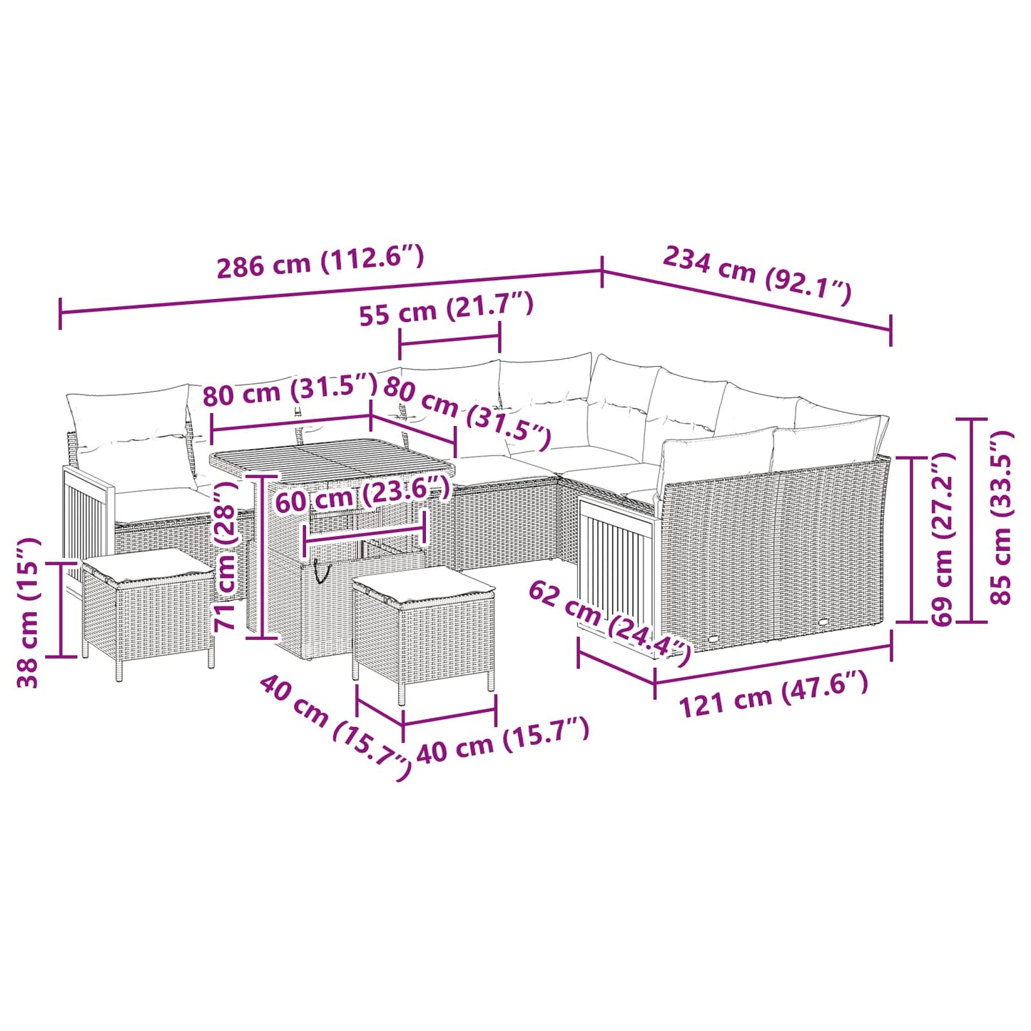 Havesofa Sæt med pude 12 pcs Sort og Cream