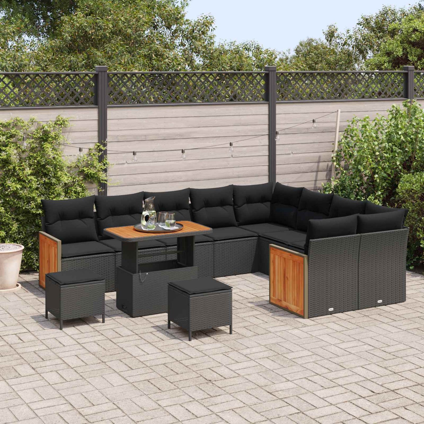 Havesofa Sæt 12 pcs Sort Poly Rattan og pulverlakeret stål