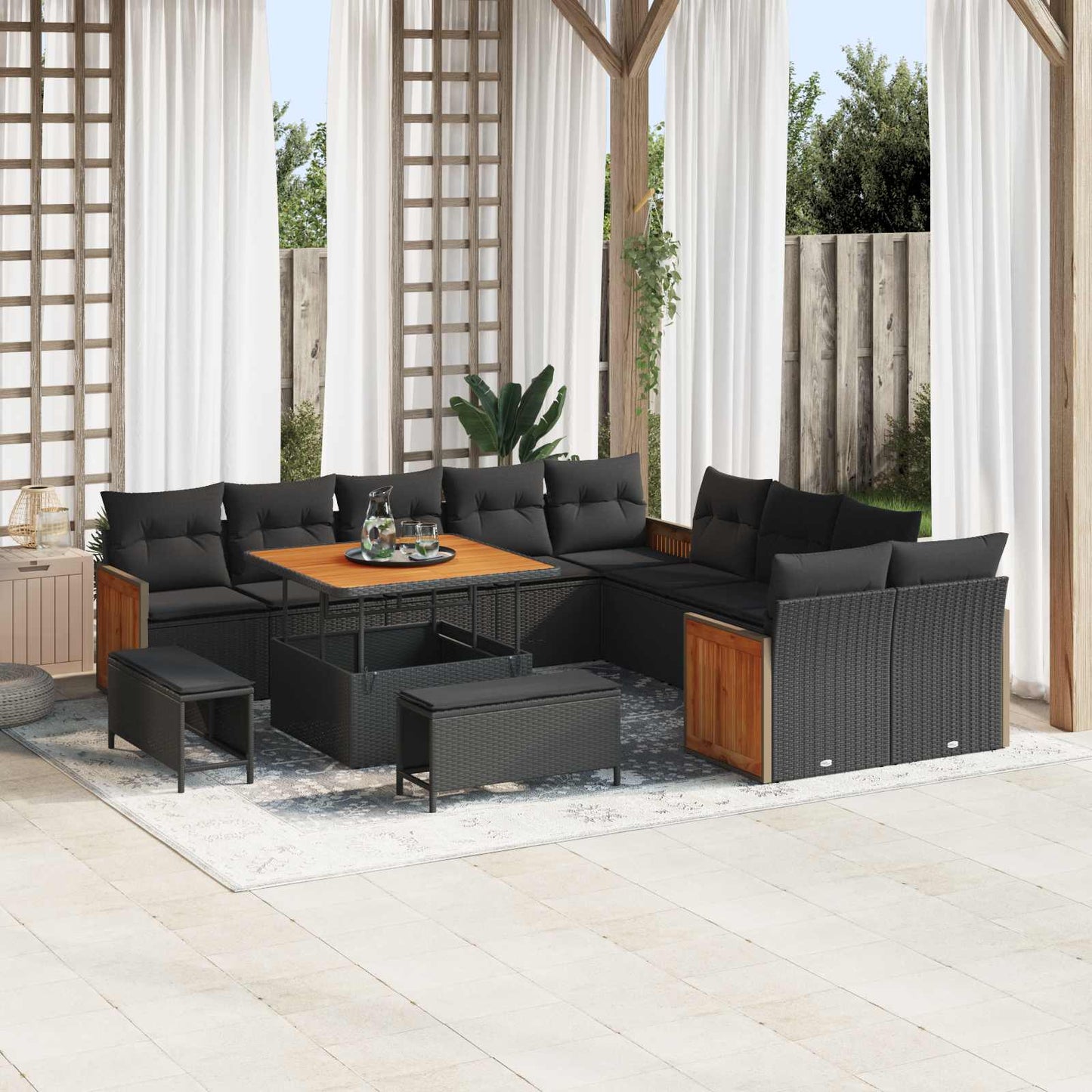 Havesofa Sæt 13 pcs Sort Poly Rattan og pulverlakeret stål