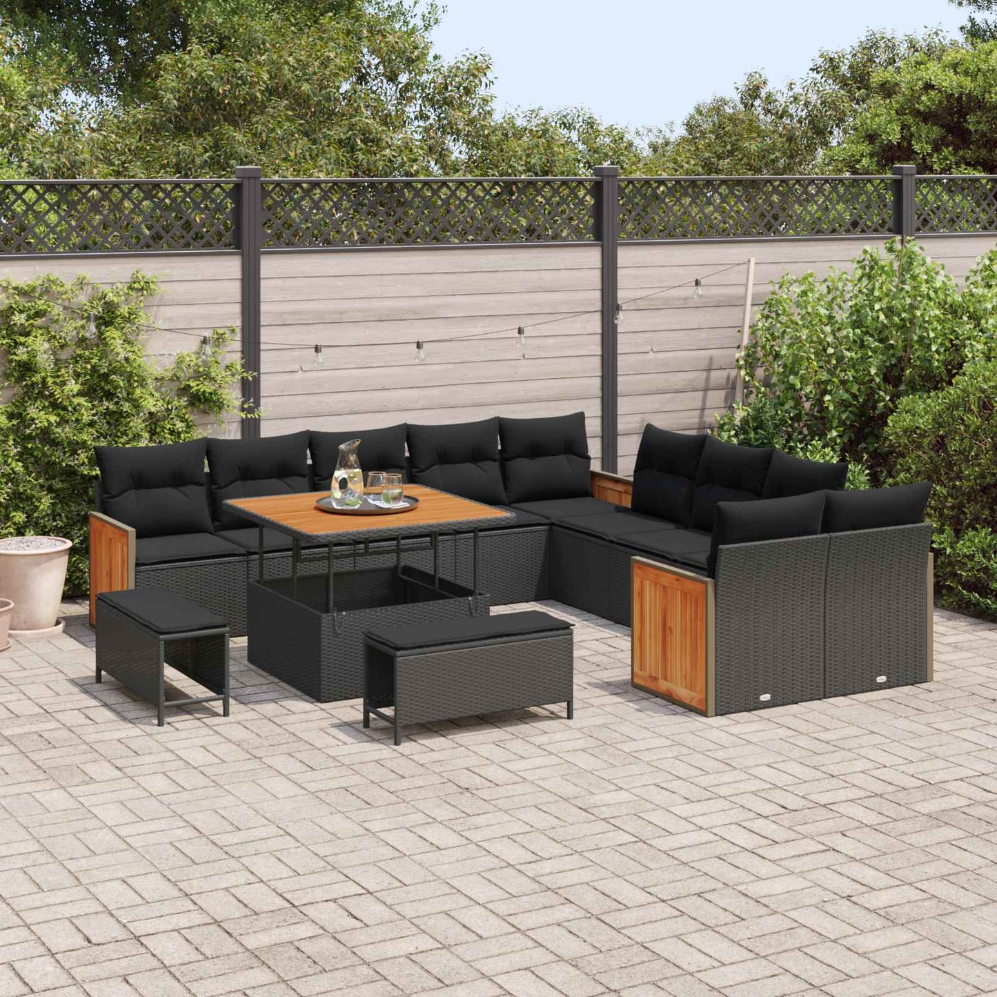 Havesofa Sæt 13 pcs Sort Poly Rattan og pulverlakeret stål