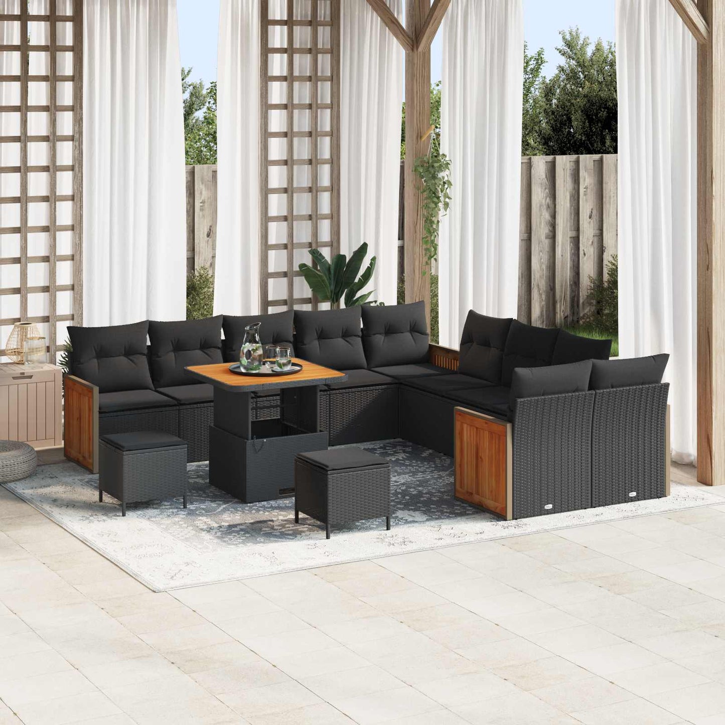 Havesofa Sæt 13 pcs Sort Poly Rattan og pulverlakeret stål