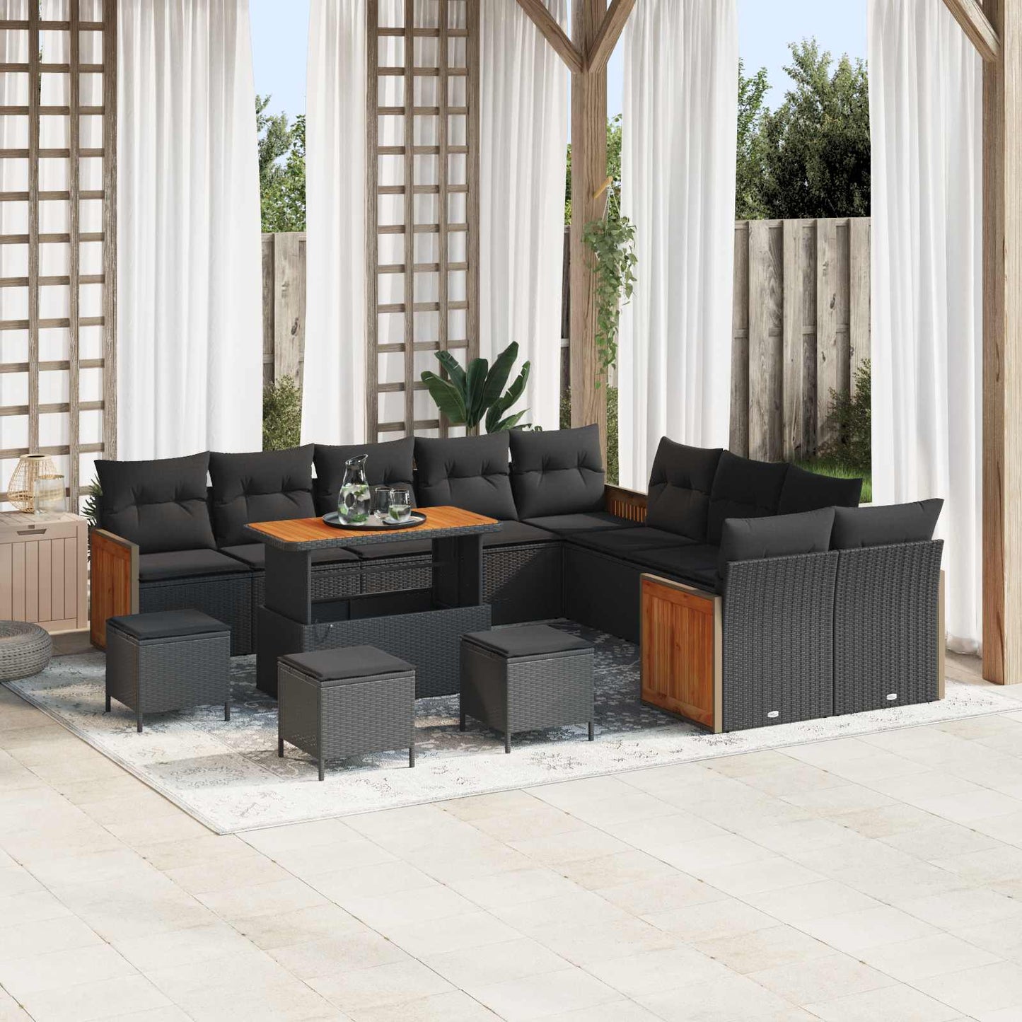 Havesofa Sæt 14 pcs Sort Poly Rattan og pulverlakeret stål