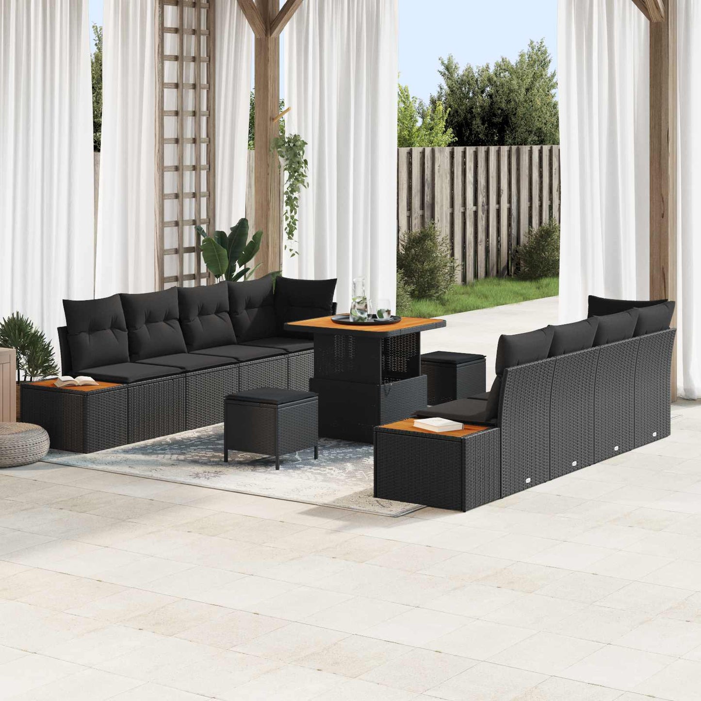Havesofa Sæt 11 pcs Sort Poly Rattan og Pulverlakeret Stål