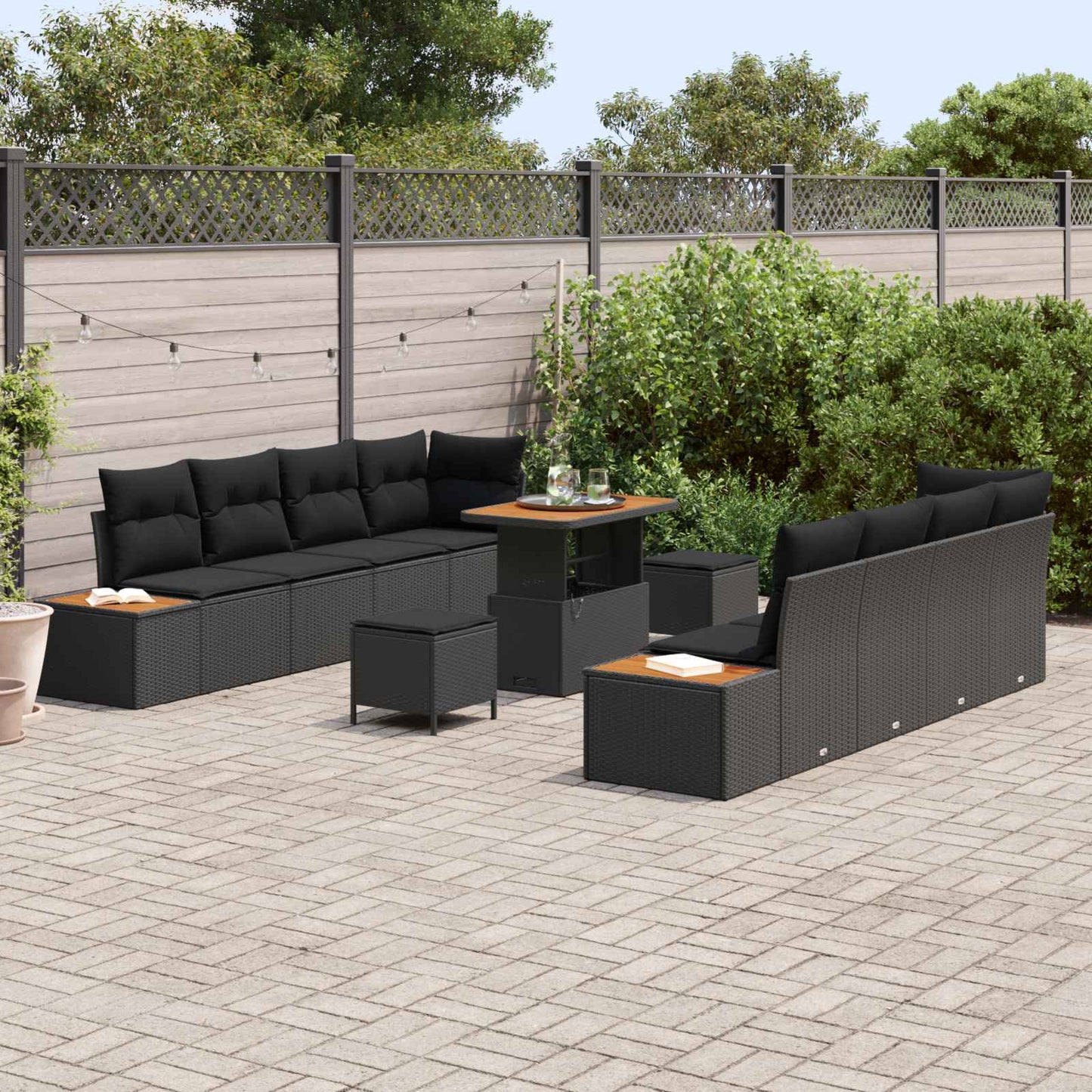 Havesofa Sæt 11 pcs Sort Poly Rattan og Pulverlakeret Stål