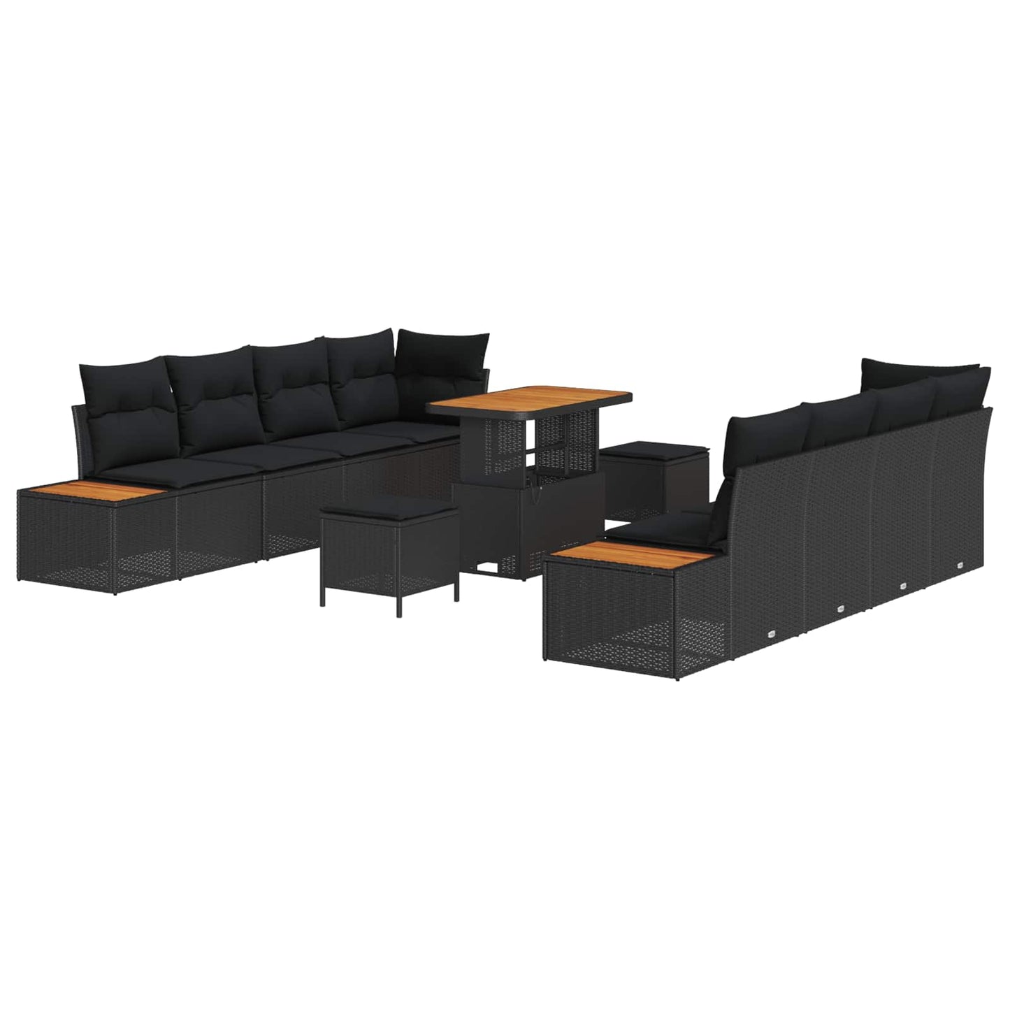 Havesofa Sæt 11 pcs Sort Poly Rattan og Pulverlakeret Stål