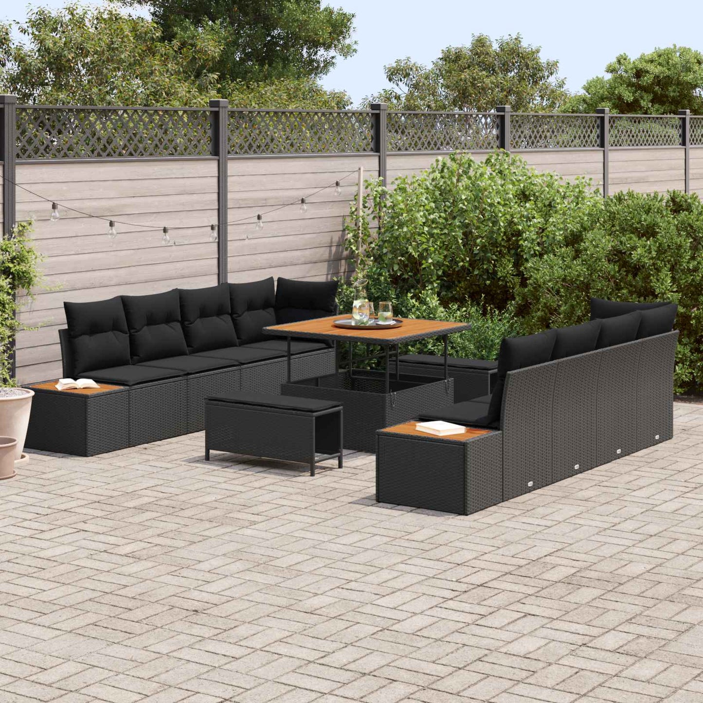 Havesofa Sæt 11 pcs Sort Poly Rattan og Pulverlakeret Stål