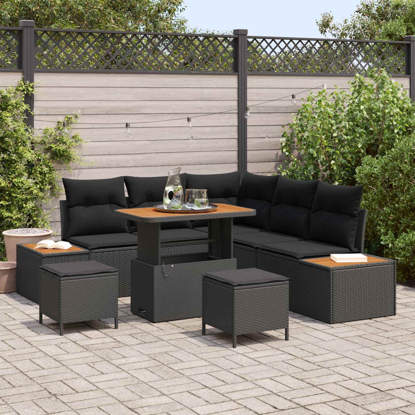 Havesofa Sæt 8 pcs Sort Poly Rattan og Pulverlakeret Stål